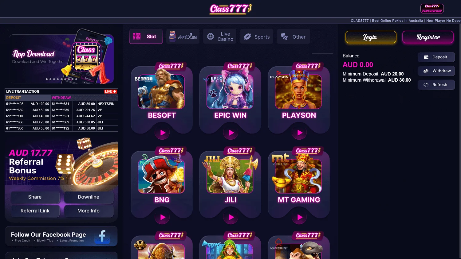 Class777 Casino desktop home screen with the welcome offer